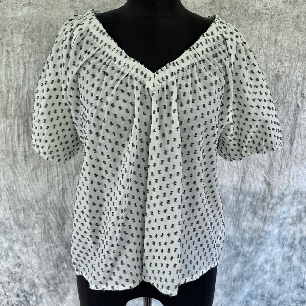 LOFT Textured Dot Blouse White & Green - Small